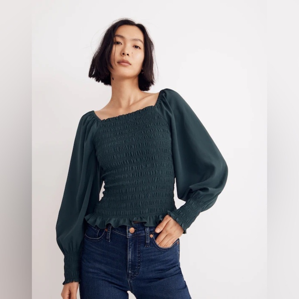 Madewell Lucie Bubble Sleeve Smocked Top in Dark Green